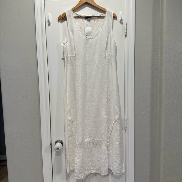 NWT Del Sol Linen Maxi Dress XL White Lace Crochet Coastal Beach Lagenlook - Picture 1 of 9